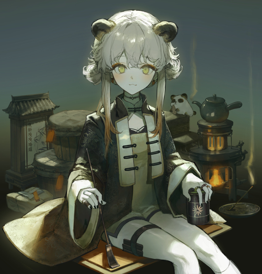1girl :3 absurdres almond animal_ears bangs black_nails bongo_drums choker collared_shirt colored_skin cup curly_hair drum es-ther feet_out_of_frame flat_chest food green_tea grey_hair highres holding holding_cup holding_food incense instrument jacket lantern long_sleeves looking_at_viewer medium_hair multicolored_hair nail_polish orange_hair original panda panda_ears panda_girl shirt sidelocks sitting smoke solo streaked_hair tea teapot thigh_strap white_skin wide_sleeves yellow_eyes