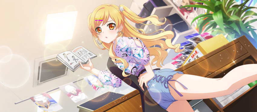 1girl animal_print apron ass_peek blonde_hair book breasts butterfly_print hair_ornament highres houjou_saya large_breasts long_hair non-web_source official_art puraore!_pride_of_orange star_(symbol) star_hair_ornament stretching twintails