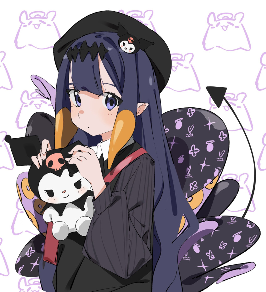 08chiwa 1girl bangs black_hairband black_headwear black_vest blonde_hair blunt_bangs character_hair_ornament closed_mouth doll hair_ornament hairband hat highres holding holding_doll hololive hololive_english kuromi long_hair long_sleeves looking_at_viewer multicolored_hair ninomae_ina'nis onegai_my_melody pointy_ears puffy_long_sleeves puffy_sleeves purple_hair solo streaked_hair tail takodachi_(ninomae_ina'nis) tentacles upper_body very_long_hair vest violet_eyes virtual_youtuber white_background