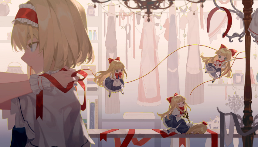 &gt;_&lt; 5girls :o alice_margatroid apron bag bench blonde_hair blue_dress blue_eyes bottle bow bowtie capelet chinese_commentary closed_eyes clothes_rack commentary_request doll dress eyebrows_hidden_by_hair frilled_dress frilled_hairband frills hair_bow hairband handbag highres holding holding_needle holding_ribbon long_hair looking_afar meiqie mouth_hold multiple_girls needle open_mouth profile red_bow red_bowtie red_hairband red_ribbon ribbon shanghai_doll shelf short_hair string string_in_mouth touhou v-shaped_eyebrows vase waist_apron wardrobe wavy_mouth white_apron white_capelet winding winding_key wrist_cuffs