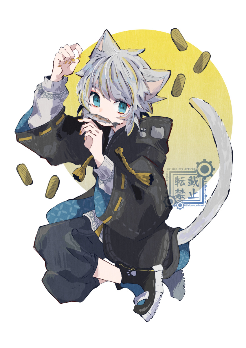 1boy animal_ears black_hair bloomminority blue_eyes cat_boy cat_ears cat_tail fantasy fish full_body highres long_sleeves looking_at_viewer male_focus multicolored_background nail_polish original pants shoes sneakers solo tail white_background yellow_background