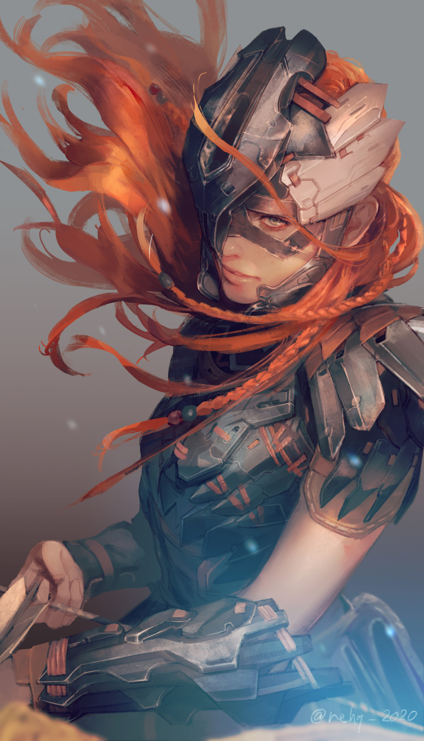 1girl aloy_(horizon) arm_guards armor arrow_(projectile) bow_(weapon) braid breasts cowboy_shot drawing_bow floating_hair grey_background hage2013 helmet highres holding holding_bow_(weapon) holding_weapon horizon_forbidden_west long_hair looking_at_viewer medium_breasts multiple_braids one_eye_covered orange_hair parted_lips realistic shoulder_armor solo weapon