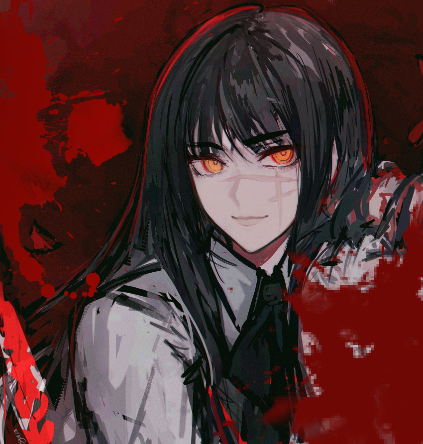 1girl bangs black_hair blood blood_splatter censored censored_violence chainsaw_man collared_shirt highres long_hair looking_at_viewer mitaka_asa mosaic_censoring neck_ribbon orange_eyes portrait red_background ribbon ringed_eyes scar scar_on_cheek scar_on_face school_uniform sgm618 shirt smile solo straight_hair war_devil_(chainsaw_man) white_shirt