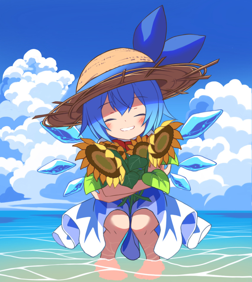 1girl bangs barefoot beach blue_dress blue_hair blue_ribbon blue_sky cirno closed_eyes clouds dress facing_viewer flower hat hat_ribbon highres horizon ice ice_wings ocean open_mouth outdoors ribbon short_hair sitting sky smile solo straw_hat sunflower touhou tsuri_buta wings
