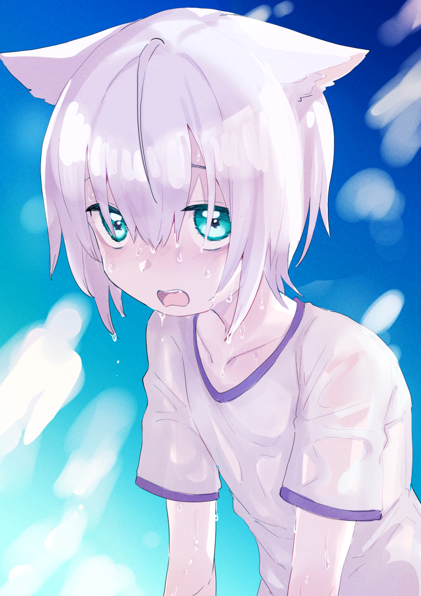 1girl animal_ear_fluff animal_ears bangs collarbone commentary eyebrow_piercing green_eyes hair_between_eyes highres lolicom looking_at_viewer open_mouth original piercing see-through shirt short_sleeves solo sweat symbol-only_commentary upper_body wavy_mouth wet wet_clothes wet_hair wet_shirt white_hair white_shirt