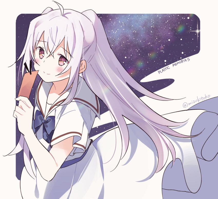 1girl ahoge blue_ribbon closed_mouth commentary_request copyright_name dress hand_up highres isla_(plastic_memories) long_hair mizuki_toko neck_ribbon plastic_memories ribbon sailor_collar sailor_dress shirt short_sleeves smile solo space twintails violet_eyes white_dress white_hair white_shirt