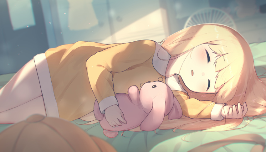 1girl absurdres bangs bed blonde_hair blurry blurry_background blush closed_eyes commission dress electric_fan english_commentary female_child hat hat_removed headwear_removed highres hoplitx indoors long_hair long_sleeves lying on_bed on_side original pajamas parted_lips pixiv_request solo stuffed_animal stuffed_bunny stuffed_toy yellow_dress yellow_headwear