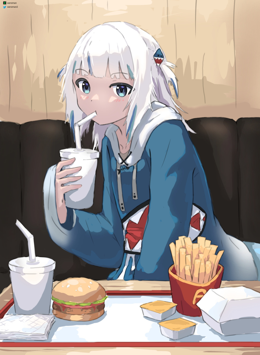 1girl blue_eyes blue_hair blue_hoodie blush burger closed_mouth cup deviantart_logo drinking drinking_straw food french_fries gawr_gura gradient gradient_clothes highres holding holding_cup hololive hololive_english hood hood_down hoodie indoors looking_at_viewer multicolored_hair napkin short_twintails sitting solo streaked_hair tray twintails twitter_logo twitter_username virtual_youtuber wersman white_hair white_hoodie