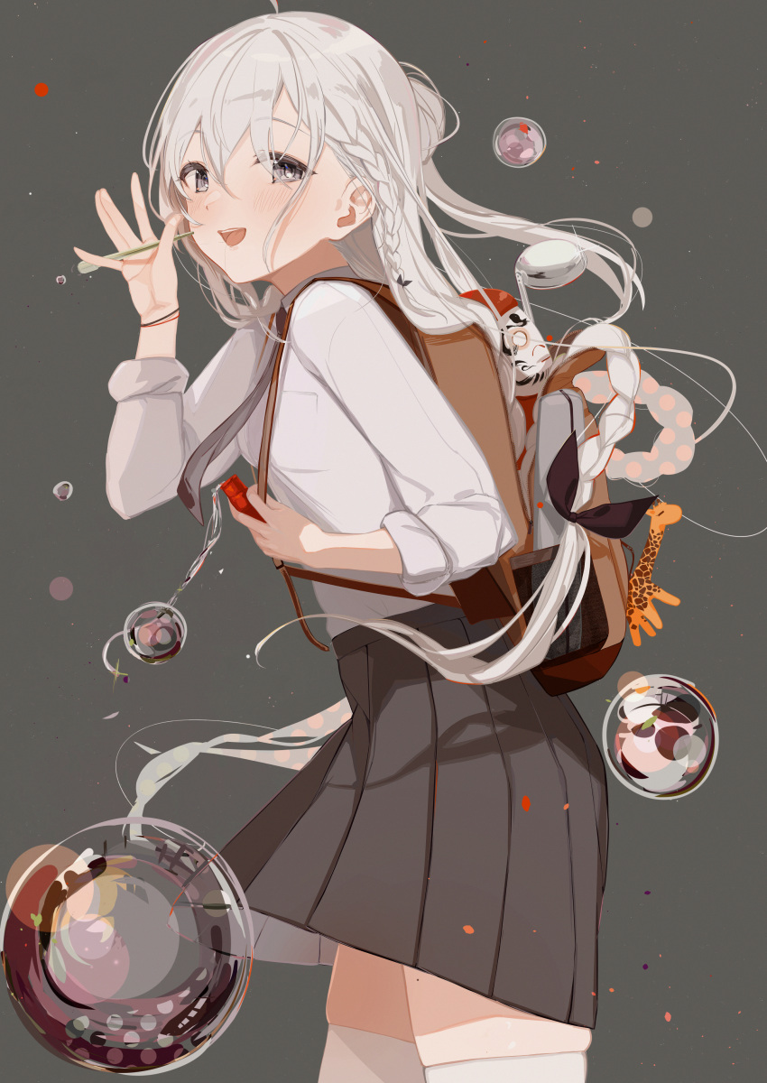 1girl :d \||/ absurdres ahoge backpack bag black_skirt braid breasts brown_bag bubble dot_nose giraffe grey_background grey_eyes hair_bun hair_in_mouth highres holding karya long_hair looking_at_viewer mole mole_on_thigh object_request open_mouth original pleated_skirt school_uniform shirt single_hair_bun skirt sleeves_rolled_up small_breasts smile solo standing teeth thigh-highs upper_teeth white_hair white_shirt white_thighhighs zettai_ryouiki