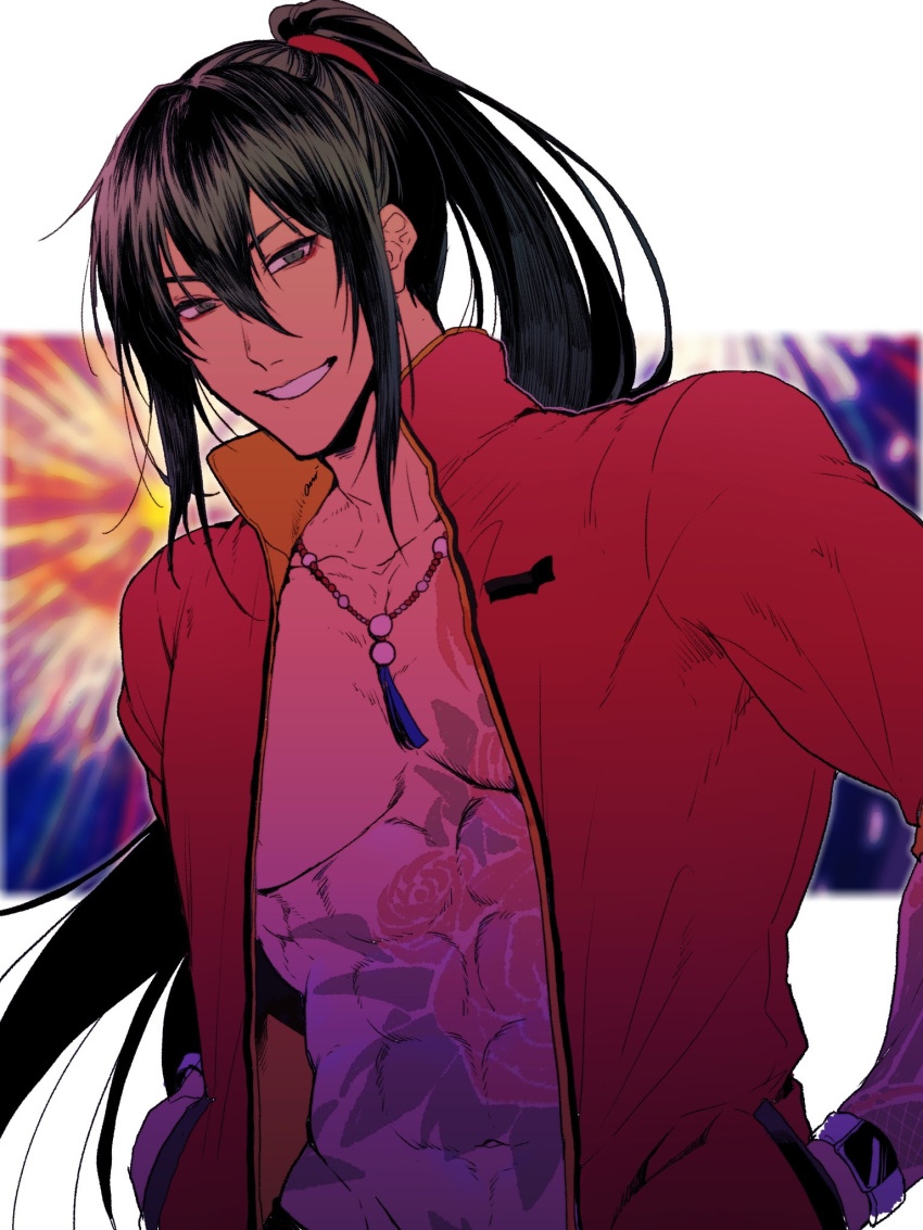 1boy a_nzi_end abs alternate_hairstyle black_hair chain_necklace commentary_request fate/grand_order fate_(series) fireworks flower_tattoo green_eyes hair_between_eyes hair_ribbon highres jacket jewelry long_hair long_sleeves looking_at_viewer male_focus necklace official_alternate_costume pearl_necklace ponytail red_jacket red_ribbon ribbon smile solo tattoo teeth toned toned_male upper_body very_long_hair yan_qing_(fate) yan_qing_(training_wear)_(fate)