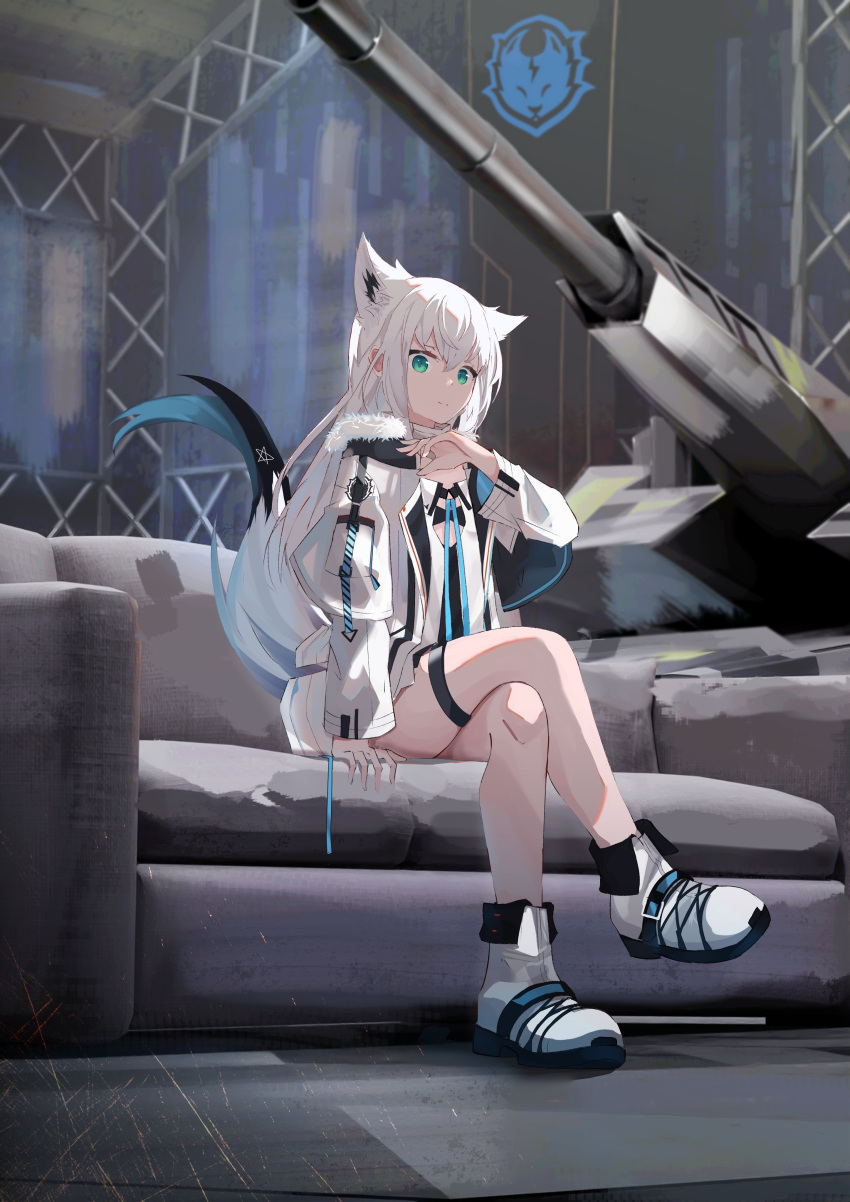 1girl absurdres animal_ears bangs black_dress c4t_(c4t004) commentary_request couch crossed_legs dress extra_ears fox_ears fox_girl fox_tail fur-trimmed_jacket fur_trim green_eyes hair_between_eyes highres hololive indoors jacket logo long_hair looking_at_viewer pentagram shirakami_fubuki sidelocks sitting solo tail thigh_strap virtual_youtuber white_footwear white_hair white_jacket