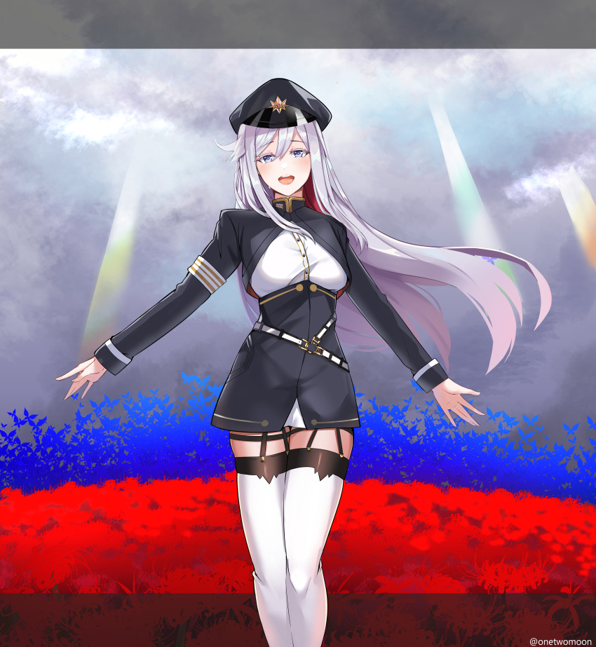 1girl 86_-eightysix- :d absurdres black_headwear clouds cloudy_sky dress_shirt field floating_hair flower flower_field garter_straps grey_eyes grey_hair grey_skirt hat high-waist_skirt highres long_hair long_sleeves looking_at_viewer military_hat miniskirt open_mouth outdoors red_flower shiny shiny_hair shirt shrug_(clothing) skirt sky smile solo standing tears thigh-highs twitter_username twomoon very_long_hair vladilena_millize white_shirt white_thighhighs zettai_ryouiki