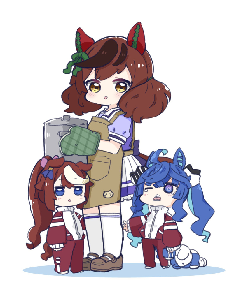 3girls ahoge animal_ears apron bangs black_hair blue_eyes blue_hair blue_shirt blush bow brown_apron brown_footwear brown_hair chibi colored_shadow commentary cooking_pot ear_bow frilled_skirt frills green_bow hair_between_eyes highres holding holding_stuffed_toy horse_ears horse_girl horse_tail jacket loafers long_sleeves looking_at_viewer multicolored_hair multiple_girls nice_nature_(umamusume) nozo_(hitomiz) open_mouth oven_mitts pants parted_lips pleated_skirt ponytail puffy_long_sleeves puffy_short_sleeves puffy_sleeves red_jacket red_pants school_uniform shadow sharp_teeth shirt shoes short_sleeves simple_background skirt sleeves_past_wrists smile standing streaked_hair stuffed_animal stuffed_bunny stuffed_toy tail tears teeth thigh-highs tokai_teio_(umamusume) tracen_school_uniform track_jacket track_pants track_suit twin_turbo_(umamusume) twintails umamusume white_background white_hair white_skirt white_thighhighs