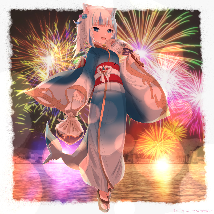 1girl animal_ears bangs blue_eyes blue_hair blue_kimono blunt_bangs breasts cat_ears dated english_commentary fireworks fish_tail full_body gawr_gura hair_ornament hand_fan highres holding holding_fan hololive hololive_english japanese_clothes kimono long_sleeves looking_at_viewer medium_hair mnmcat20 multicolored_hair open_mouth paper_fan ribbon shark_tail sharp_teeth slippers small_breasts solo streaked_hair tail teeth upper_body white_hair white_ribbon wide_sleeves