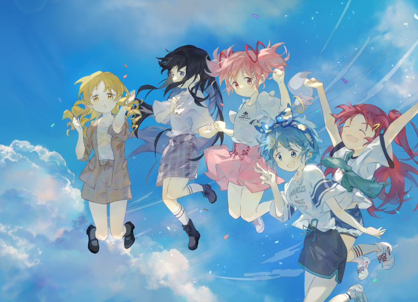 5girls :d :o ^_^ ^o^ absurdres akemi_homura alternate_costume ankle_boots arms_up bangs black_footwear black_hair black_hairband blonde_hair blue_background blue_eyes blue_hair blue_hairband blue_shorts blue_sky boots brown_jacket brown_skirt casual character_print closed_eyes clothes_writing clouds collarbone commentary covered_mouth cross-laced_footwear drill_hair english_commentary everyone fang full_body green_sash grey_skirt grey_socks hair_ornament hair_ribbon hairband hairclip hand_up happy highres holding_hands jacket jumping kaname_madoka kyubey long_hair looking_at_another looking_at_viewer mahou_shoujo_madoka_magica mary_janes medium_hair midair miki_sayaka multiple_girls one_side_up open_mouth outdoors pencil_skirt pink_eyes pink_hair pink_skirt plaid plaid_jacket plaid_skirt pocket purple_skirt redhead ribbon sakura_kyouko sash shirt shoes short_hair short_sleeves short_twintails shorts siren_(jzy601306223) skin_fang skirt sky smile sneakers socks tomoe_mami twin_drills twintails v violet_eyes white_footwear white_shirt white_socks yellow_eyes