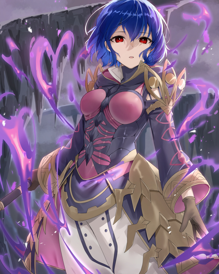 1girl armor aura blue_hair breasts brown_gloves dark_aura dark_persona expressionless fire fire_emblem fire_emblem_awakening fire_emblem_heroes gloves haru_(nakajou-28) highres holding holding_weapon long_sleeves looking_at_viewer medium_breasts morgan_(fire_emblem) morgan_(fire_emblem)_(female) official_alternate_costume open_mouth pants purple_fire red_eyes robe short_hair solo weapon