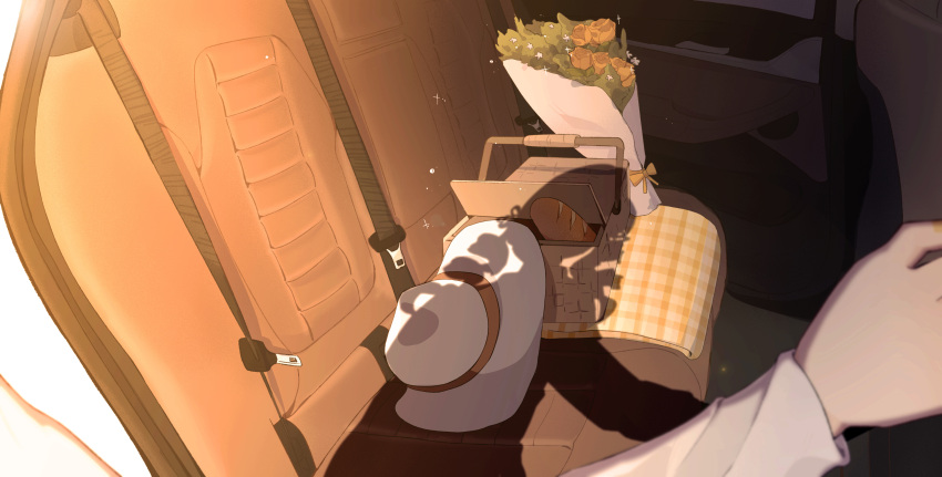 1girl absurdres basket blanket bouquet bread car_interior car_seat chinese_commentary commentary_request food hat hat_removed headwear_removed highres kong_bu_zhili_cha long_sleeves mahou_shoujo_madoka_magica out_of_frame picnic_basket seatbelt shadow solo sun_hat tomoe_mami white_headwear