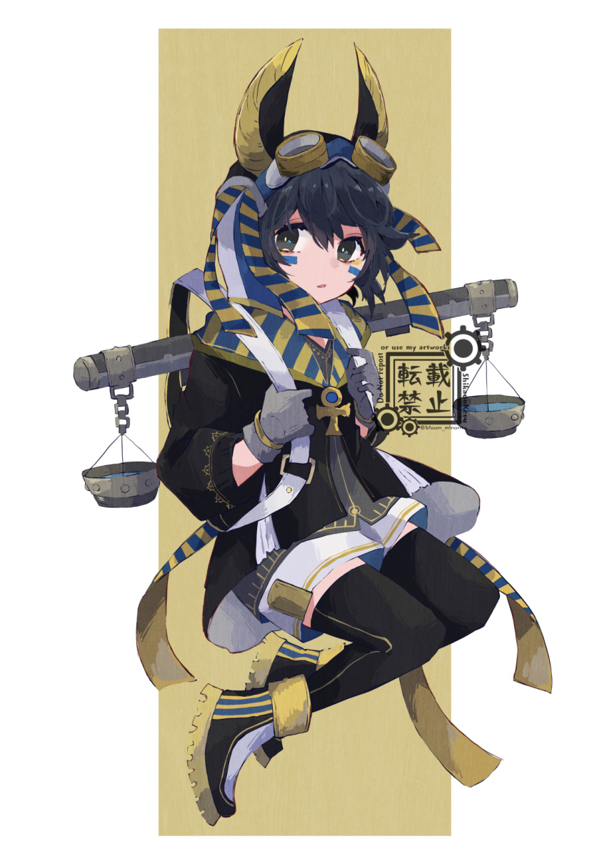 1boy animal_ears black_eyes black_hair bloomminority fantasy full_body gloves goggles goggles_on_head head_scarf highres jackal_boy jackal_ears long_sleeves male_focus multicolored_background original parted_lips short_hair solo white_background yellow_background