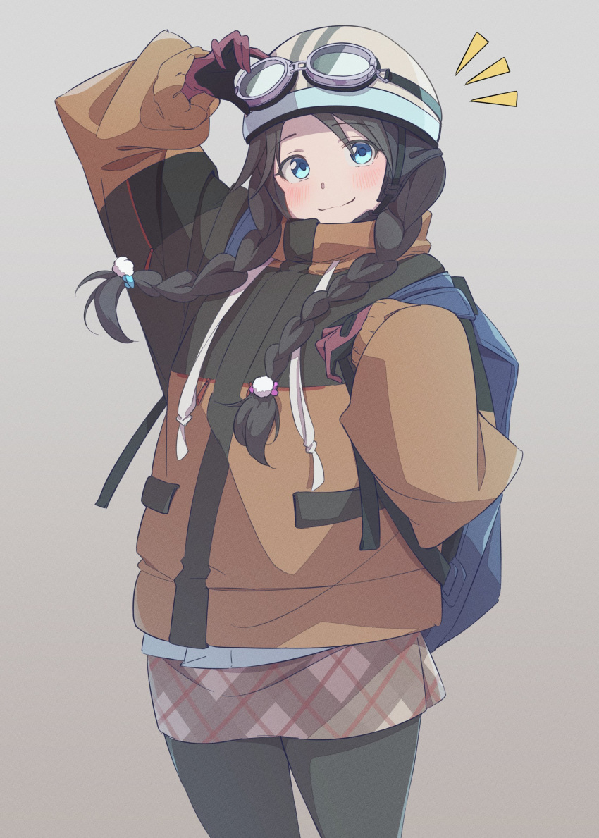 1girl absurdres adjusting_goggles backpack bag bangs black_pantyhose blue_bag blue_eyes blush braid brown_jacket brown_skirt checkered_clothes checkered_skirt commentary cowboy_shot eito12 gloves goggles goggles_on_headwear grey_background hand_up helmet highres holding_strap idolmaster idolmaster_shiny_colors jacket long_hair long_sleeves looking_at_viewer mitsumine_yuika pantyhose pocket pom_pom_(clothes) red_gloves skirt smile solo thighs