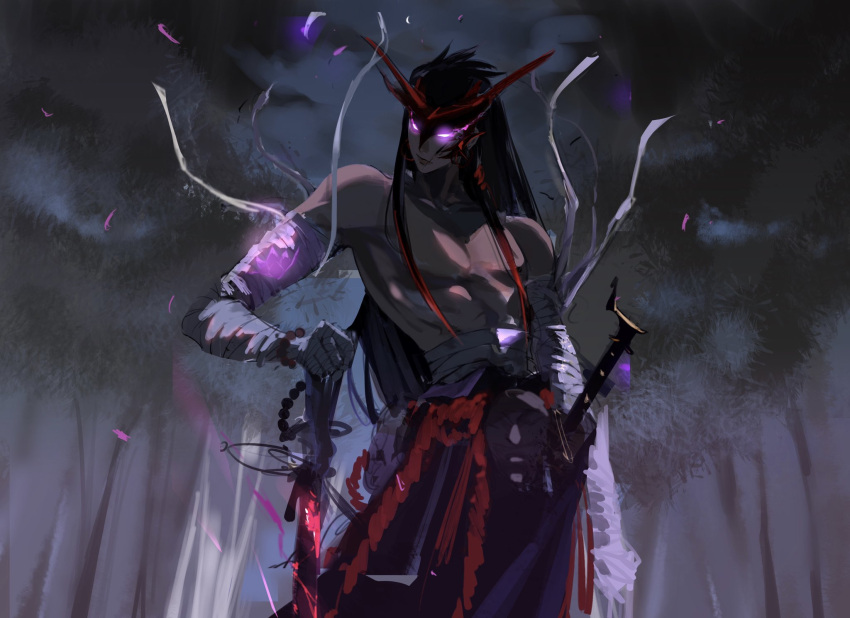 1boy bandaged_arm bandaged_hand bandages bangs closed_mouth collarbone glowing glowing_eyes hair_between_eyes hair_ornament highres katana league_of_legends long_hair looking_to_the_side male_focus mask mask_removed night outdoors pink_eyes pointy_ears rope solo sword tie_(yoooeeeeeeeeee) topless_male tree weapon yone_(league_of_legends)