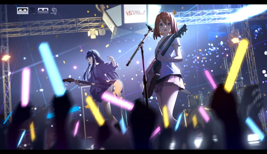 2girls 6+others absurdres akiyama_mio alisi bangs bass_guitar black_hair brown_eyes brown_hair commentary concert electric_guitar glowstick guitar highres hirasawa_yui holding holding_instrument instrument k-on! long_hair microphone multiple_girls multiple_others pink_skirt shirt short_hair short_sleeves skirt sleeves_rolled_up stage white_shirt