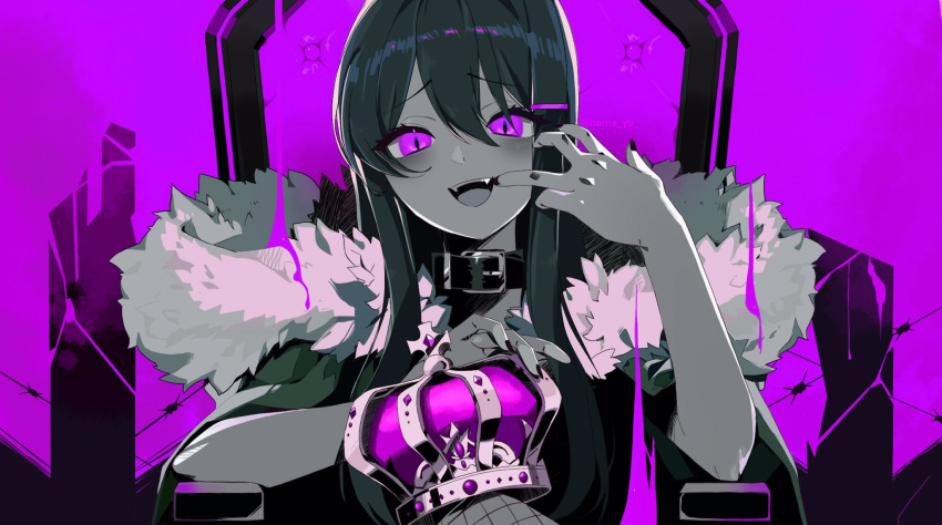 1girl :d bangs belt_collar blush broken_glass collar crossed_legs crown doki_doki_literature_club elbow_rest fangs finger_in_own_mouth fishnets fur_collar glass hair_ornament hairclip highres king_(vocaloid) long_hair monochrome mouth_pull nail_polish open_mouth purple_theme saihara_homare sitting slit_pupils smile solo throne violet_eyes yuri_(doki_doki_literature_club)