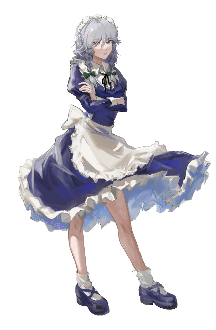 1girl :/ absurdres apron black_ribbon blue_dress blue_eyes blue_footwear bow braid closed_mouth collared_shirt crossed_arms dress fingernails frilled_dress frills full_body green_bow green_hair hair_between_eyes hair_bow highres izayoi_sakuya juliet_sleeves lips long_hair long_sleeves looking_at_viewer maid maid_headdress neck_ribbon puffy_sleeves ribbon shirt shoes skavod sleeve_cuffs socks solo standing touhou transparent_background twin_braids v-shaped_eyebrows waist_apron white_apron white_shirt white_socks