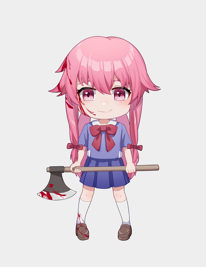 1girl absurdres bangs blood blood_in_hair blood_on_clothes blood_on_face blood_on_weapon bow bowtie brown_footwear chibi closed_mouth full_body gasai_yuno grey_background hair_between_eyes hair_bow highres kneehighs loafers long_hair miniskirt mirai_nikki pink_eyes pink_hair pleated_skirt purple_shirt purple_skirt red_bow red_bowtie school_uniform shiny shiny_hair shirt shoes short_sleeves simple_background skirt smile socks solo standing weapon yoruhare