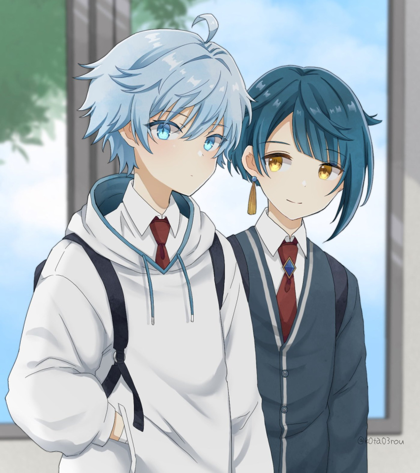 2boys antenna_hair aqua_hair bag bangs blue_eyes blue_hair blue_sky child chongyun_(genshin_impact) closed_mouth collared_shirt earrings genshin_impact hair_between_eyes hand_in_pocket highres hood hoodie indoors jewelry k0ta03rou light_blue_hair looking_at_viewer male_child male_focus multiple_boys necktie school_bag shirt short_hair sky tassel tassel_earrings tree window xingqiu_(genshin_impact) yellow_eyes