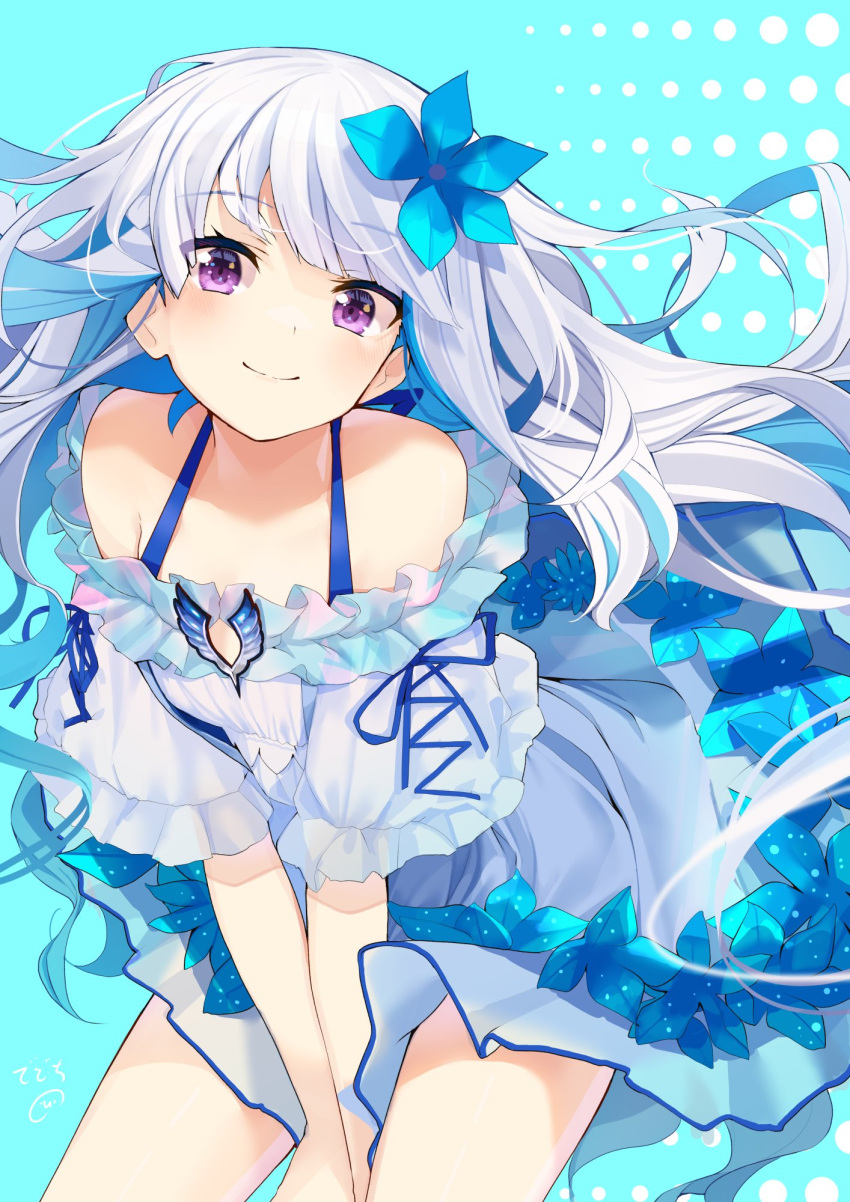 1girl arms_between_legs bangs bare_shoulders blue_hair blunt_bangs blush closed_mouth colored_inner_hair dress flower frilled_dress frilled_sleeves frills grey_hair hair_flower hair_ornament highres leaning_forward lize_helesta looking_at_viewer multicolored_hair nejime nijisanji off-shoulder_dress off_shoulder pointy_ears short_shorts shorts smile solo v_arms virtual_youtuber