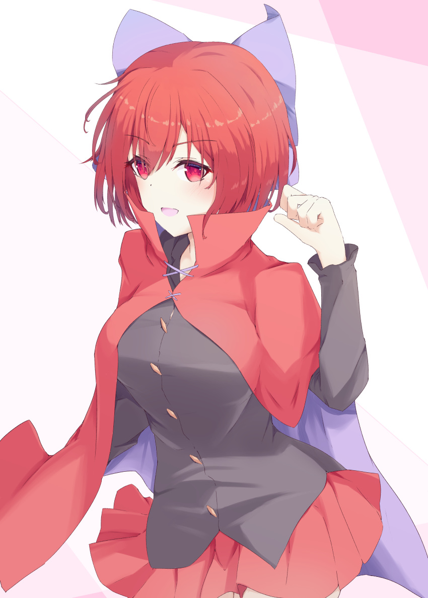 1girl absurdres bangs black_shirt bow breasts buttons cloak cowboy_shot donnon08 hair_bow highres large_breasts long_sleeves looking_at_viewer open_mouth purple_bow red_eyes red_skirt redhead sekibanki shirt short_hair simple_background skirt solo standing touhou white_background
