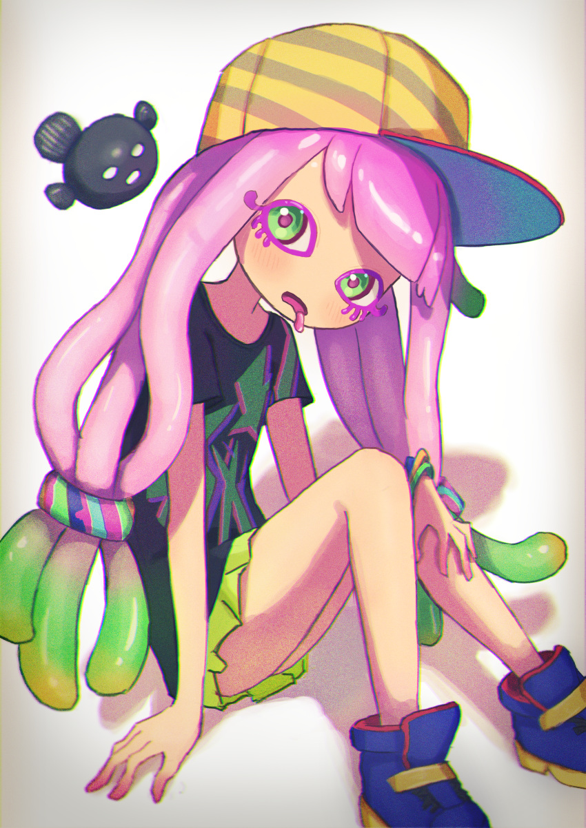 1girl absurdres bangs baseball_cap black_shirt blonde_hair bracelet chromatic_aberration clownfish colored_eyelashes colored_skin drooling eyelashes fish frown gradient_hair green_eyes green_hair hand_on_own_leg harmony's_clownfish_(splatoon) harmony_(splatoon) hat highres icetea774 jewelry long_hair low_twintails miniskirt multicolored_clothes multicolored_footwear multicolored_hair multicolored_headwear no_nose open_mouth pink_hair pink_pupils pleated_skirt shadow shirt shoes short_sleeves sitting skirt splatoon_(series) splatoon_3 striped striped_headwear tentacle_hair twintails very_long_hair