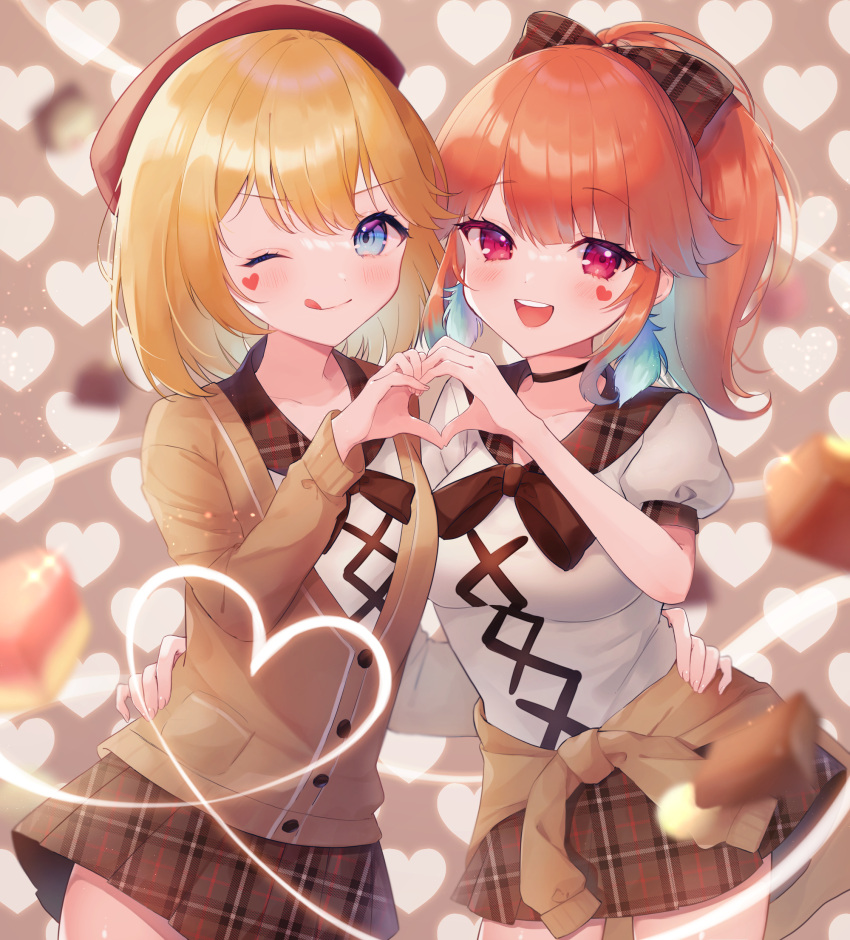 2girls :d ahoge akuo_11 bangs beret blonde_hair blue_eyes blue_hair blush bow cardigan cardigan_around_waist chocolate clothes_around_waist facial_mark hair_bow hand_on_another's_back hat heart heart_facial_mark heart_hands heart_hands_duo highres hololive hololive_english long_hair long_sleeves multicolored_hair multiple_girls neck_ribbon one_eye_closed open_mouth orange_hair pink_eyes plaid plaid_skirt ponytail puffy_short_sleeves puffy_sleeves ribbon short_hair short_sleeves skirt smile takanashi_kiara tongue tongue_out two-tone_hair v-shaped_eyebrows virtual_youtuber watson_amelia