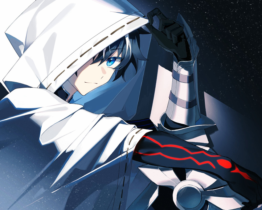 1boy armor bangs black_gloves black_hair blue_eyes cape charlemagne_(fate) closed_mouth commentary_request fate/extella fate/extella_link fate/extra fate/grand_order fate_(series) feet_out_of_frame gloves highres hood hood_up hooded_cape idass_(idass16) knight light_particles light_smile looking_at_viewer male_focus multicolored_hair short_hair sitting smile solo two-tone_hair white_cape white_hair