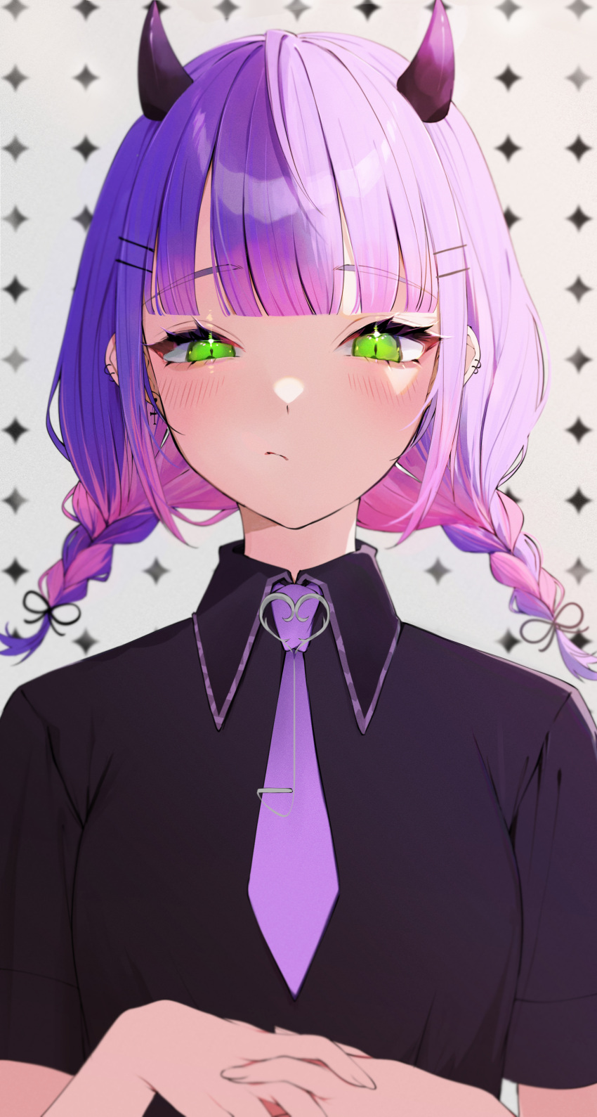 1girl absurdres bangs black_shirt blunt_bangs blush braid closed_mouth collared_shirt demon_horns ear_piercing green_eyes hair_ornament hair_ribbon hairclip highres hololive horns ira_n long_hair looking_at_viewer multicolored_hair necktie own_hands_together piercing pink_hair purple_hair purple_necktie ribbon shirt simple_background solo tokoyami_towa twin_braids twintails two-tone_hair upper_body virtual_youtuber