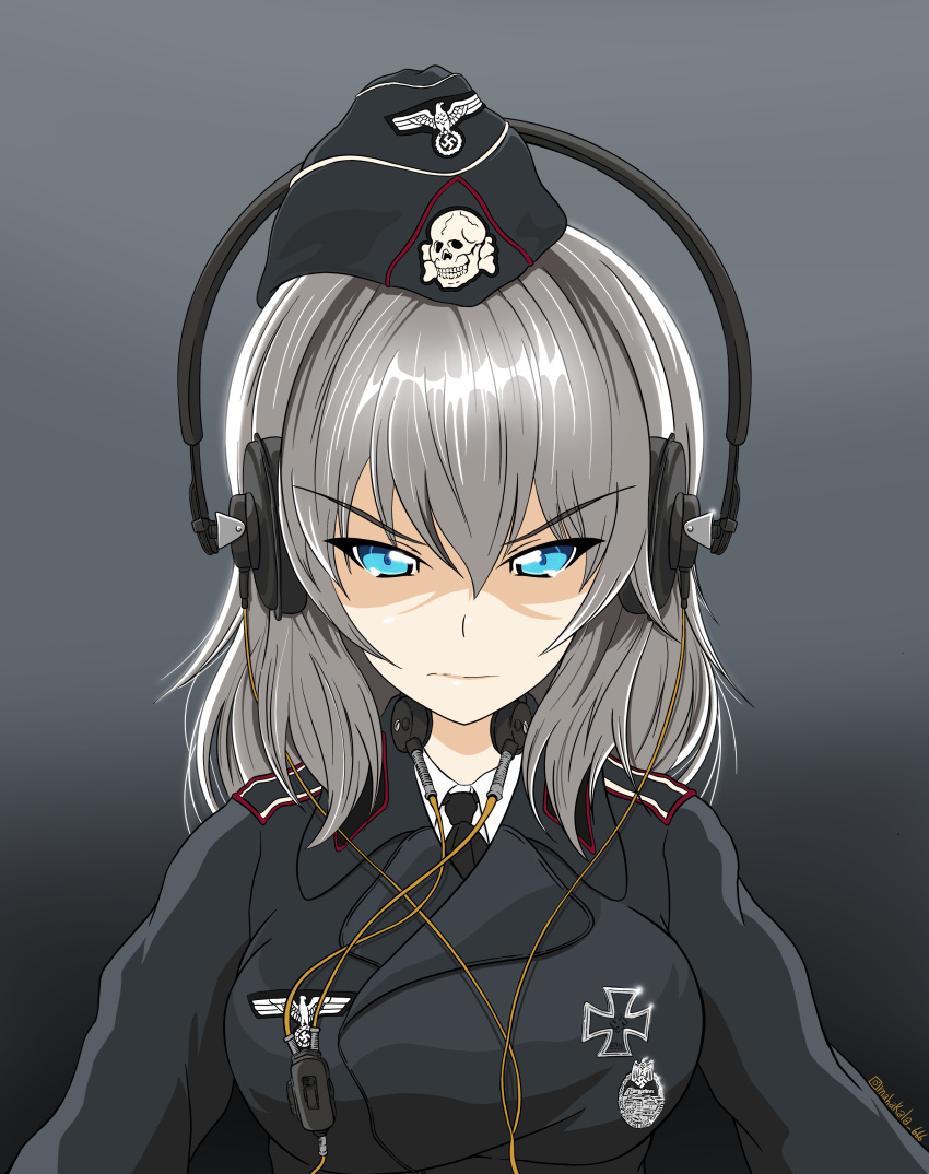 absurdres angry black_dress blue_eyes breasts cable dress earphones german_clothes girls_und_panzer highres itsumi_erika looking_at_viewer medium_breasts military military_uniform necktie non-web_source shaded_face uniform white_hair
