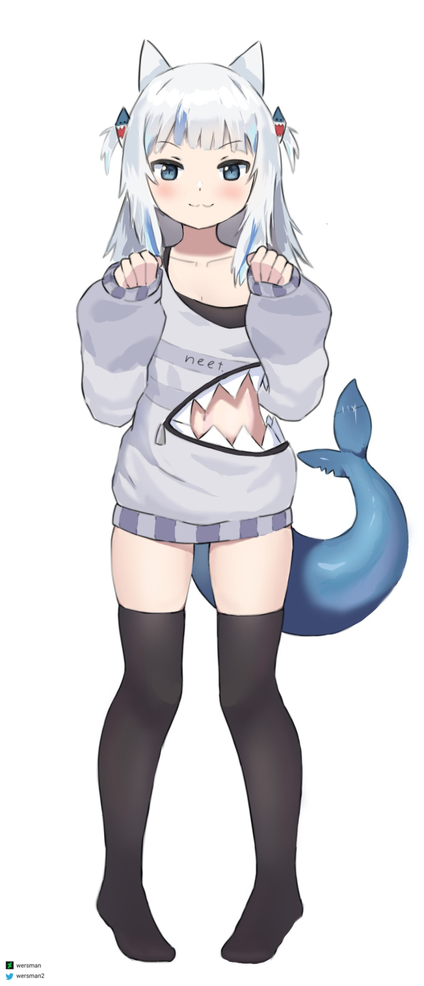 1girl :3 absurdres black_thighhighs blue_eyes blue_hair blush bush closed_mouth clothes_writing clothing_cutout collarbone deviantart_logo fish_tail gawr_gura grey_hair highres hololive hololive_english multicolored_hair navel neet no_shoes paw_pose shark_tail short_twintails simple_background skindentation sleeves_past_wrists smile solo stitches streaked_hair tail thigh-highs twintails twitter_logo twitter_username virtual_youtuber wersman white_background zipper zipper_pull_tab