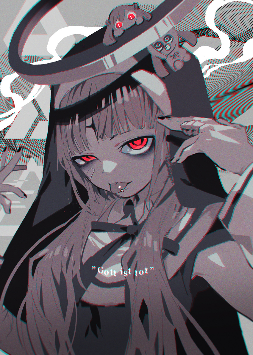 1girl abstract_background aimaina arms_up bandaged_arm bandages bandaid bandaid_on_cheek bandaid_on_face black_nails black_ribbon bright_pupils chromatic_aberration cigarette closed_mouth english_text eyelashes facial_mark film_grain finger_to_head fingernails forehead_mark god-ish_(vocaloid) halo hanging hatsune_miku highres holding holding_cigarette jewelry kitaya long_hair looking_at_viewer monochrome nun open_mouth piercing red_eyes ribbon ring siblings slit_pupils smile smoke smoking solo stuffed_toy tongue tongue_out tongue_piercing twins upper_body vocaloid white_pupils