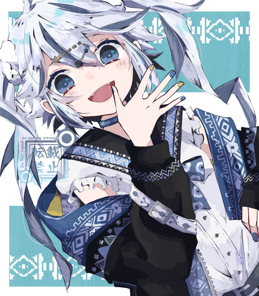bloomminority blue_hair blush choker fangs fantasy gender_request hair_ornament hairpin highres long_hair long_sleeves looking_at_viewer multicolored_hair nail_polish open_mouth original solo star_(symbol) twintails white_hair