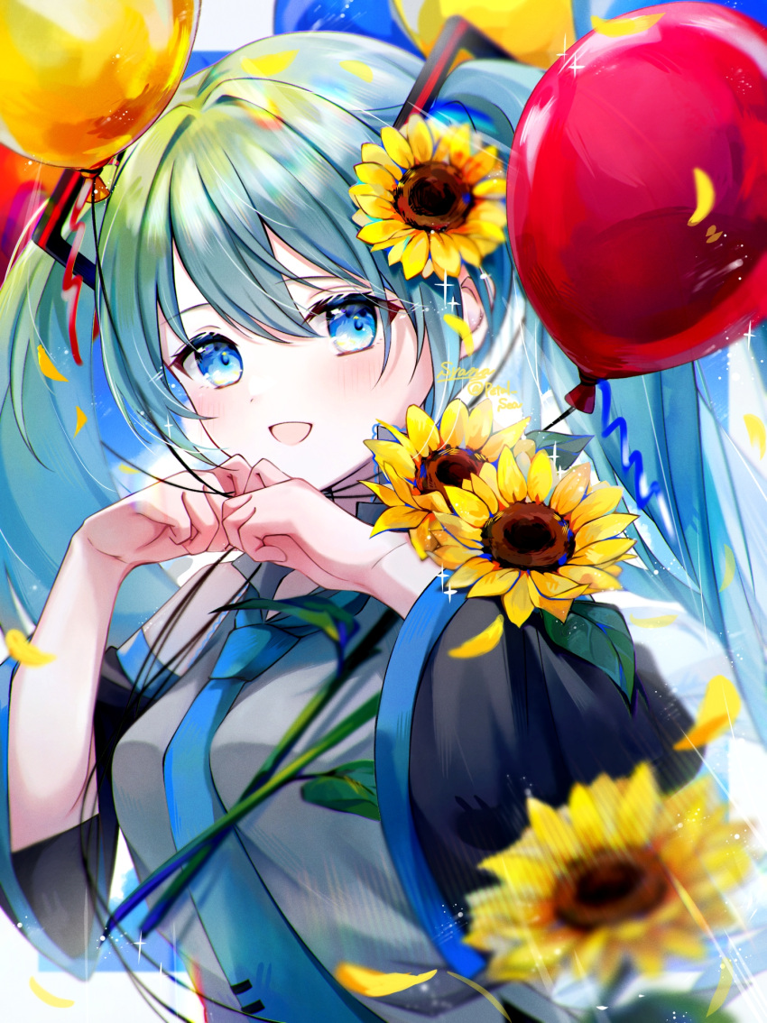 1girl :d aqua_eyes aqua_hair balloon bangs blue_necktie flower grey_shirt hatsune_miku highres long_hair looking_at_viewer necktie open_mouth shirt simple_background smile solo sunflower syana_alice twintails upper_body vocaloid white_background