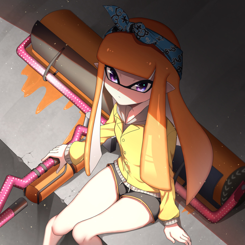 1girl bandana bangs black_shorts blue_bandana blunt_bangs carbon_roller_(splatoon) closed_mouth commentary_request dolphin_shorts dust_cloud forute_na from_above grey_shirt highres holding holding_weapon inkling inkling_girl jacket light_frown long_hair long_sleeves looking_at_viewer orange_hair paint_splatter pointy_ears shade shirt short_shorts shorts sitting solo splatoon_(series) splatoon_2 tentacle_hair violet_eyes weapon yellow_jacket