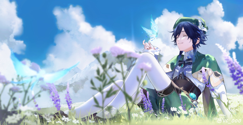 1boy ^_^ absurdres bangs beret black_bow black_bowtie black_hair blue_hair blue_sky blurry blurry_foreground bow bowtie braid brown_corset bug buttons cape closed_eyes clouds collared_cape commentary_request corset crystalfly_(genshin_impact) day depth_of_field flower frilled_sleeves frills gem genshin_impact gradient_hair grass green_cape green_headwear green_shorts hair_between_eyes hat hat_flower highres knee_up lavender_(flower) long_sleeves male_focus medium_hair mountain multicolored_hair on_ground outdoors pantyhose parted_lips pom_pom_(clothes) puffy_shorts purple_flower scenery shirt short_hair_with_long_locks short_shorts shorts side_braids sidelocks sitting sky smile solo striped striped_bow striped_bowtie twin_braids vc_ooo venti_(genshin_impact) vision_(genshin_impact) white_flower white_pantyhose white_shirt
