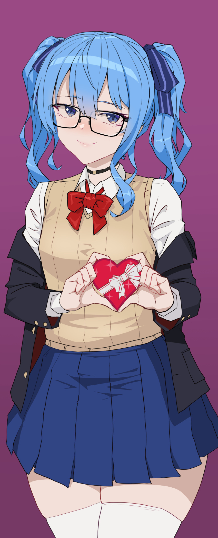 1girl absurdres blue_eyes blue_hair bow bowtie box candy chocolate choker food gift gift_box glasses hair_ribbon heart heart-shaped_chocolate heart_hands highres hololive hoshimachi_suisei jacket jacket_partially_removed medium_hair ribbon school_uniform short_twintails skirt smile solo suiseichu sweater_vest thick_thighs thighs twintails virtual_youtuber zettai_ryouiki