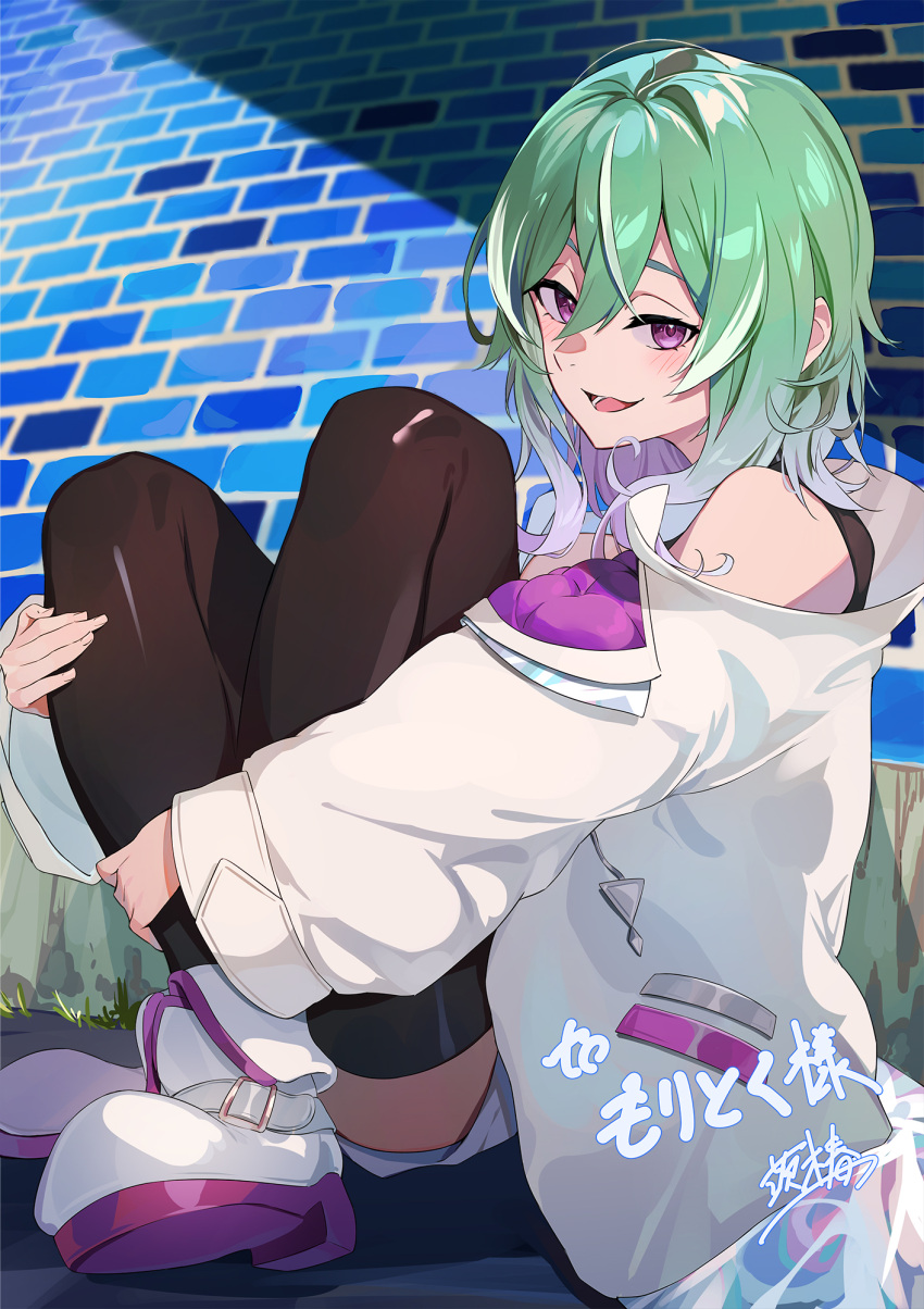 1girl :d bare_shoulders black_thighhighs boots brick_wall commentary commission crossdressing crossed_legs full_body grass green_hair hair_between_eyes high_heel_boots high_heels highres ibaraki_shun knees_to_chest light_purple_hair long_hair long_sleeves looking_at_viewer lower_teeth multicolored_hair off_shoulder open_mouth original shadow signature sitting skeb_commission smile teeth thigh-highs tongue violet_eyes white_footwear white_hair wide_sleeves