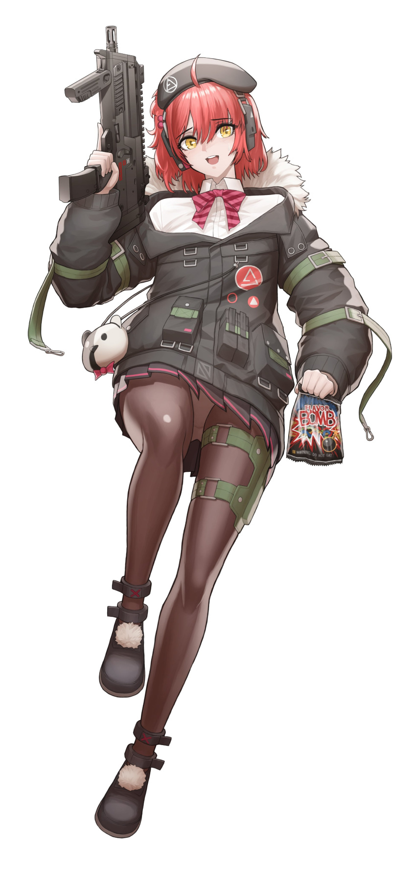 1girl absurdres ahoge ankle_strap beret candy cheogtanbyeong collared_shirt commission dress_shirt food full_body fur-trimmed_hood fur_trim girls_frontline gun h&amp;k_mp7 hair_between_eyes hat headset highres hood jacket mp7_(girls'_frontline) open_mouth panties panties_under_pantyhose pantyhose pantyshot pleated_skirt pom_pom_(clothes) redhead ribbon shirt side_ponytail skirt smile solo submachine_gun thigh_strap trigger_discipline underwear weapon white_panties yellow_eyes