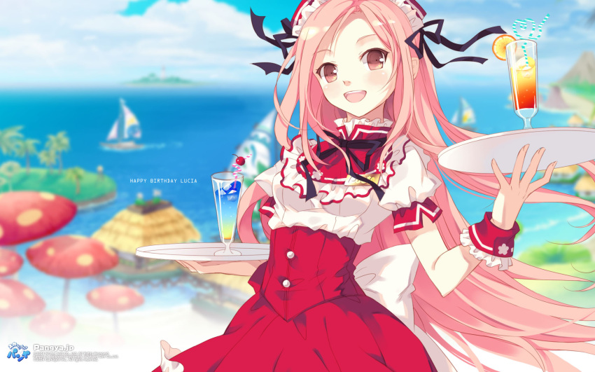 1920x1200 :d bow buttons carrying cherry drinks female frilled_cuffs frills happy_birthday hut island lemon_slice long_hair looking_at_viewer lucia lucia_(pangya) maid maid_headdress maid_uniform mountain name_tag palm_tree pangya pink_eyes pink_hair puffy_sleeves ribbon sailboat short_sleeves small_breasts solo straw tray wallpaper white_ribbon wind_lift