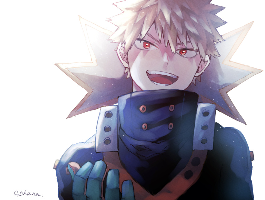 1boy adcalcium bakugou_katsuki black_mask blonde_hair boku_no_hero_academia commentary_request eye_mask gloves green_gloves highres looking_at_viewer male_focus mask mask_around_neck open_mouth red_eyes short_hair signature simple_background smile solo spiky_hair upper_body white_background