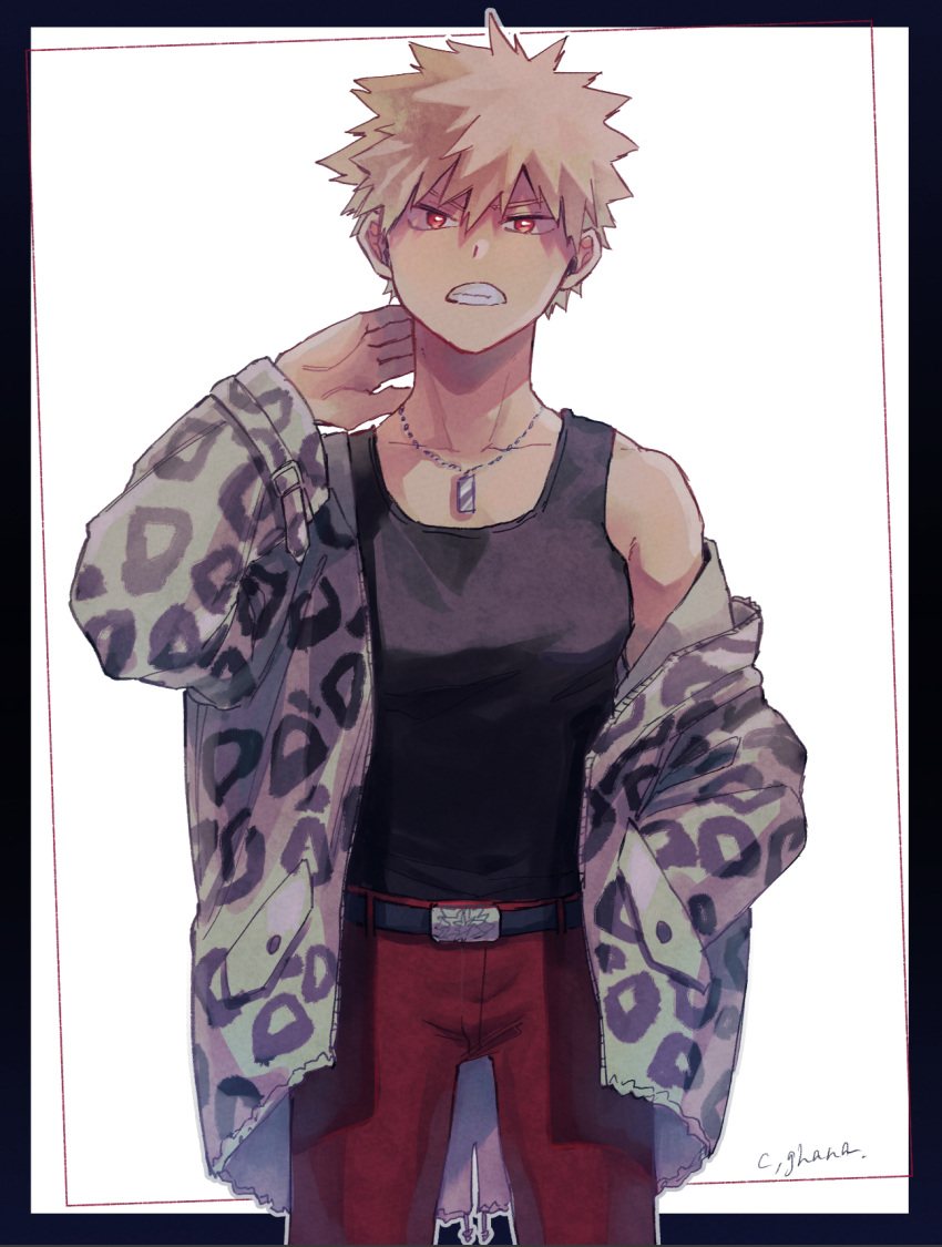 1boy adcalcium animal_print bakugou_katsuki belt black_belt black_border black_tank_top boku_no_hero_academia border clenched_teeth commentary_request cowboy_shot hand_on_own_neck highres jacket jewelry leopard_print long_hair long_sleeves looking_at_viewer male_focus necklace outside_border pants print_jacket red_eyes red_pants short_hair simple_background solo spiky_hair standing tank_top teeth white_background