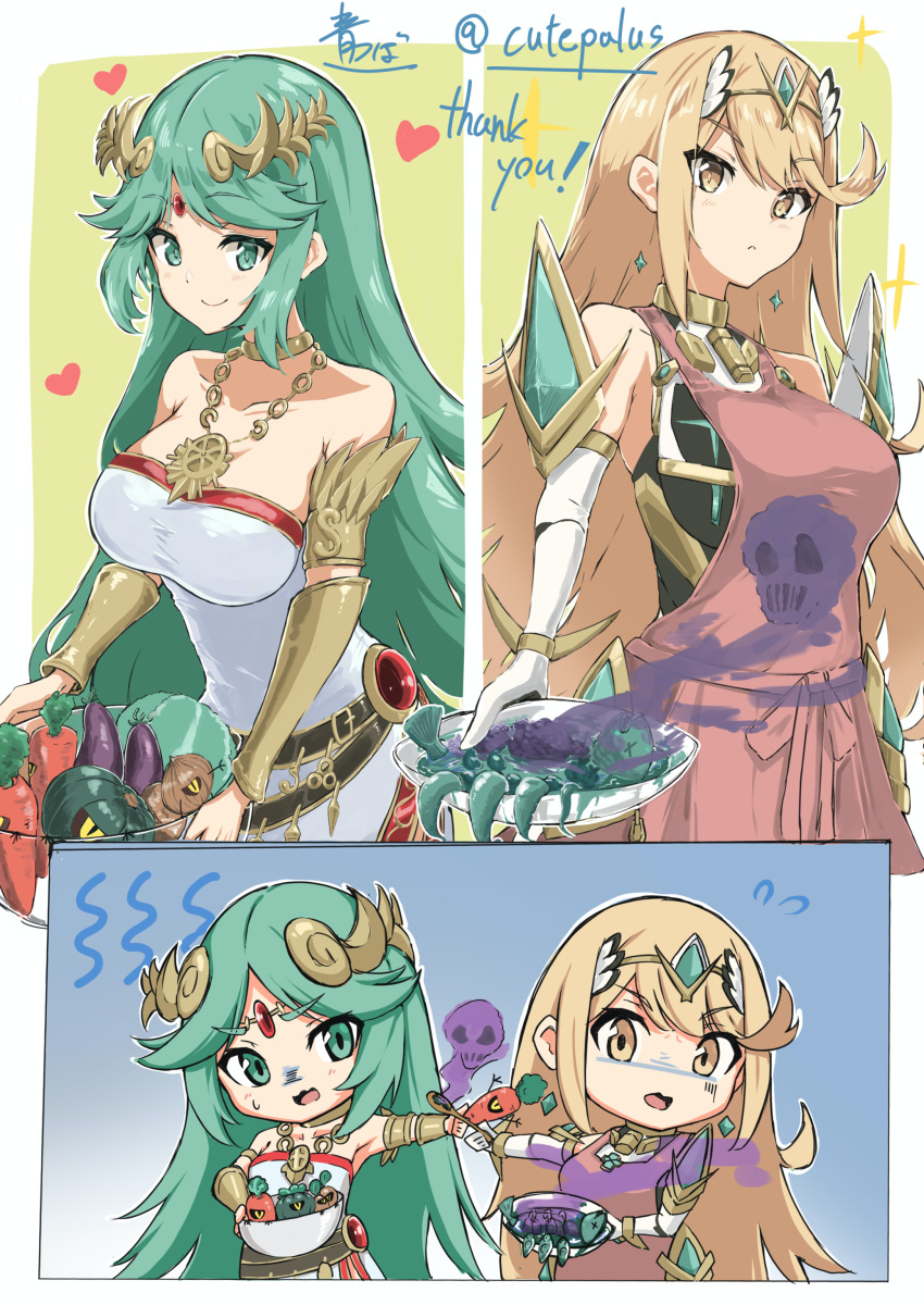 2girls aotsuba aotsuba117 apron artist_signature bad_cooking bare_shoulders blonde_hair carrot commissioner_upload crossover disgust earrings eggplant feeding female_only green_eyes green_hair holding_plate humor kid_icarus_uprising large_breasts looking_at_viewer matching_hair/eyes mythra_(xenoblade) necklace onion palutena palutena's_revolting_dinner parted_bangs sidelocks skeb_commission sleeveless_dress smell smile squash strapless_dress swept_bangs tiara very_long_hair white_dress white_elbow_gloves xenoblade_2 yellow_eyes