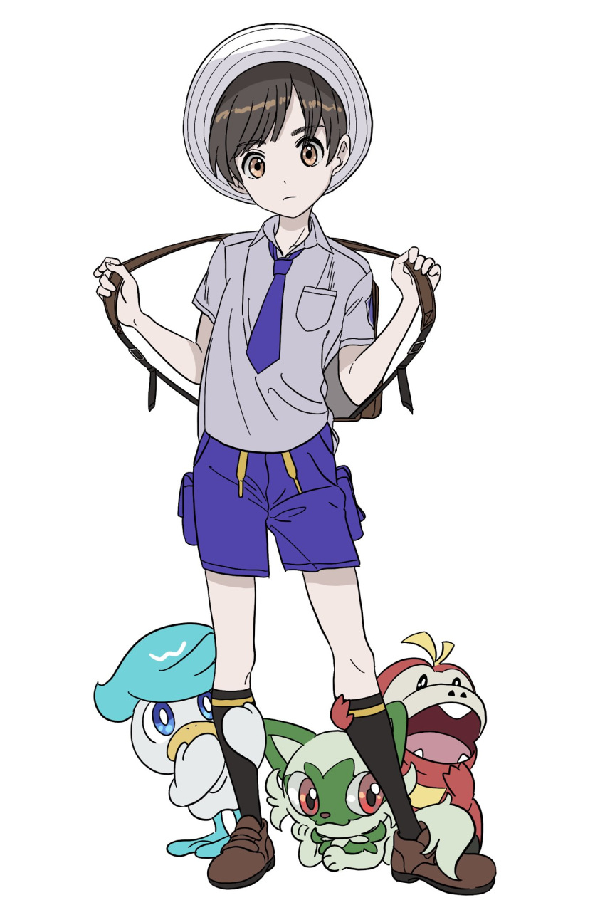 1boy aoaomzir backpack bag bangs black_socks brown_bag brown_eyes brown_footwear brown_hair closed_mouth collared_shirt fuecoco grey_shirt hands_up hat highres holding_strap kneehighs male_focus male_protagonist_(pokemon_sv) necktie pokemon pokemon_(creature) pokemon_(game) pokemon_sv purple_necktie purple_shorts quaxly shirt shoes short_hair shorts socks sprigatito standing starter_pokemon_trio white_background white_headwear